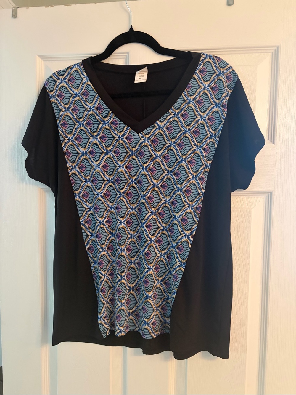 Sew In Love Black Short Sleeve V-Neck Top with Blue Multi Geometric Front